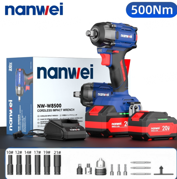 8500-Cordless High Torque Impact Wrench Brushless Electric Wrench Heavy Electric Bolt Wrench Power Tool with Two 4Ah Batteries